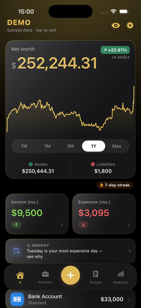 BeWealthy dashboard — net worth and chart