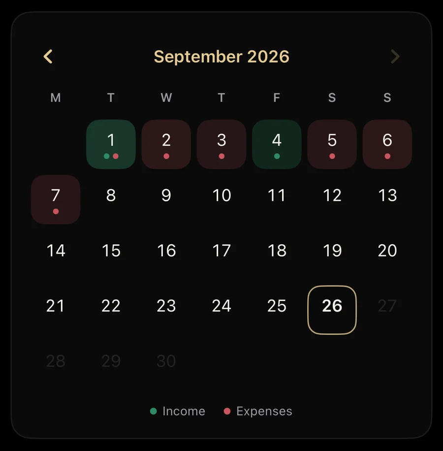 BeWealthy money calendar with income and expense days marked